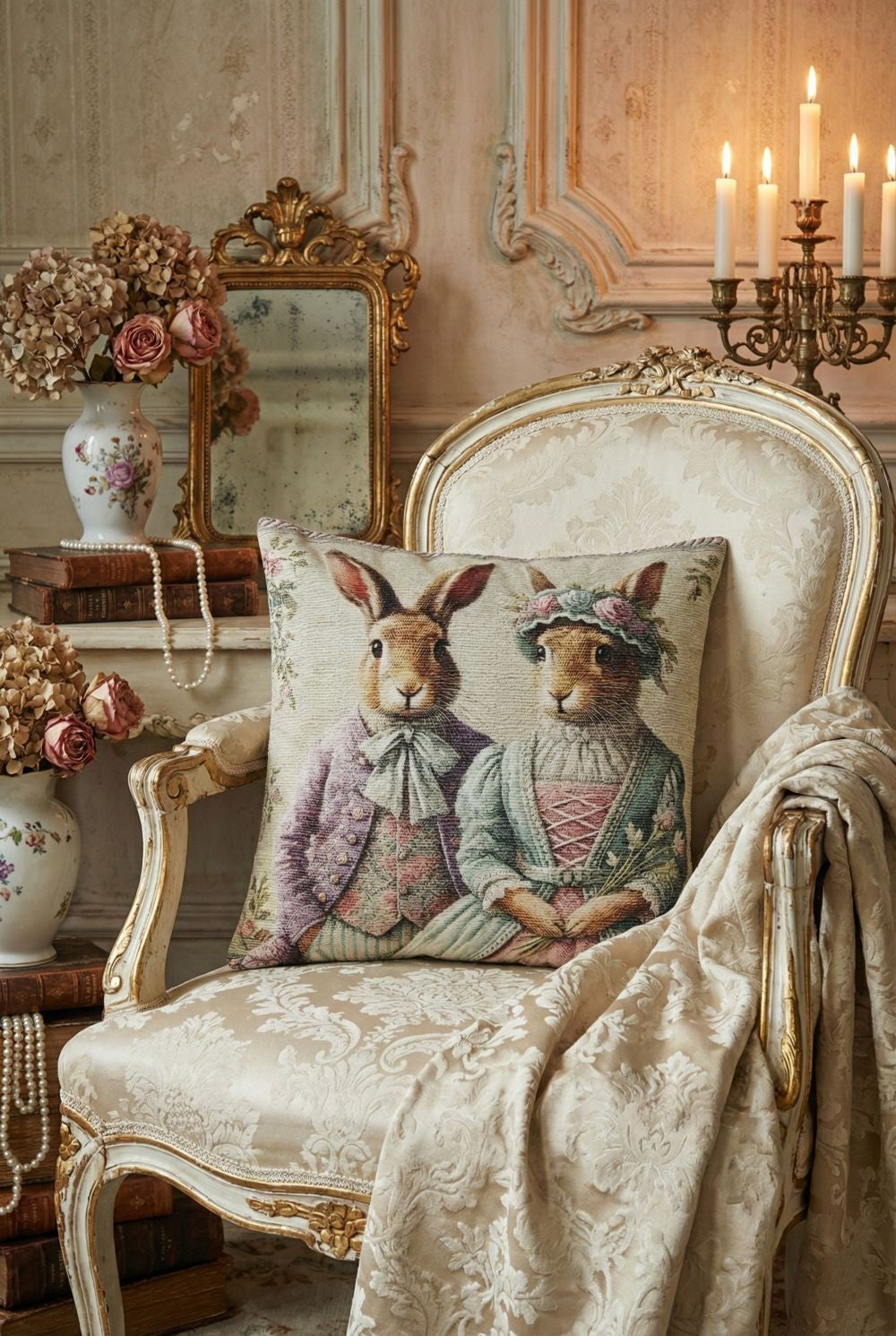 Housse de coussin en velours 45x45 cm avec motif Lapins Précieux habillés, tons beige vert sauge et rose poudré, style shabby chic et décoration poétique féérique