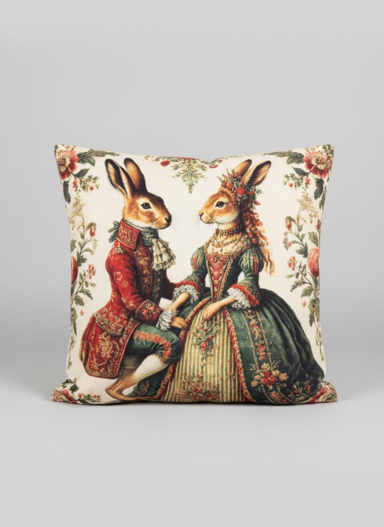 Housse de coussin décorative 45x45 cm, couple de lapins élégants XVIIIe, tons écru rouge et vert, style romantique shabby chic, housse vendue sans garnissage