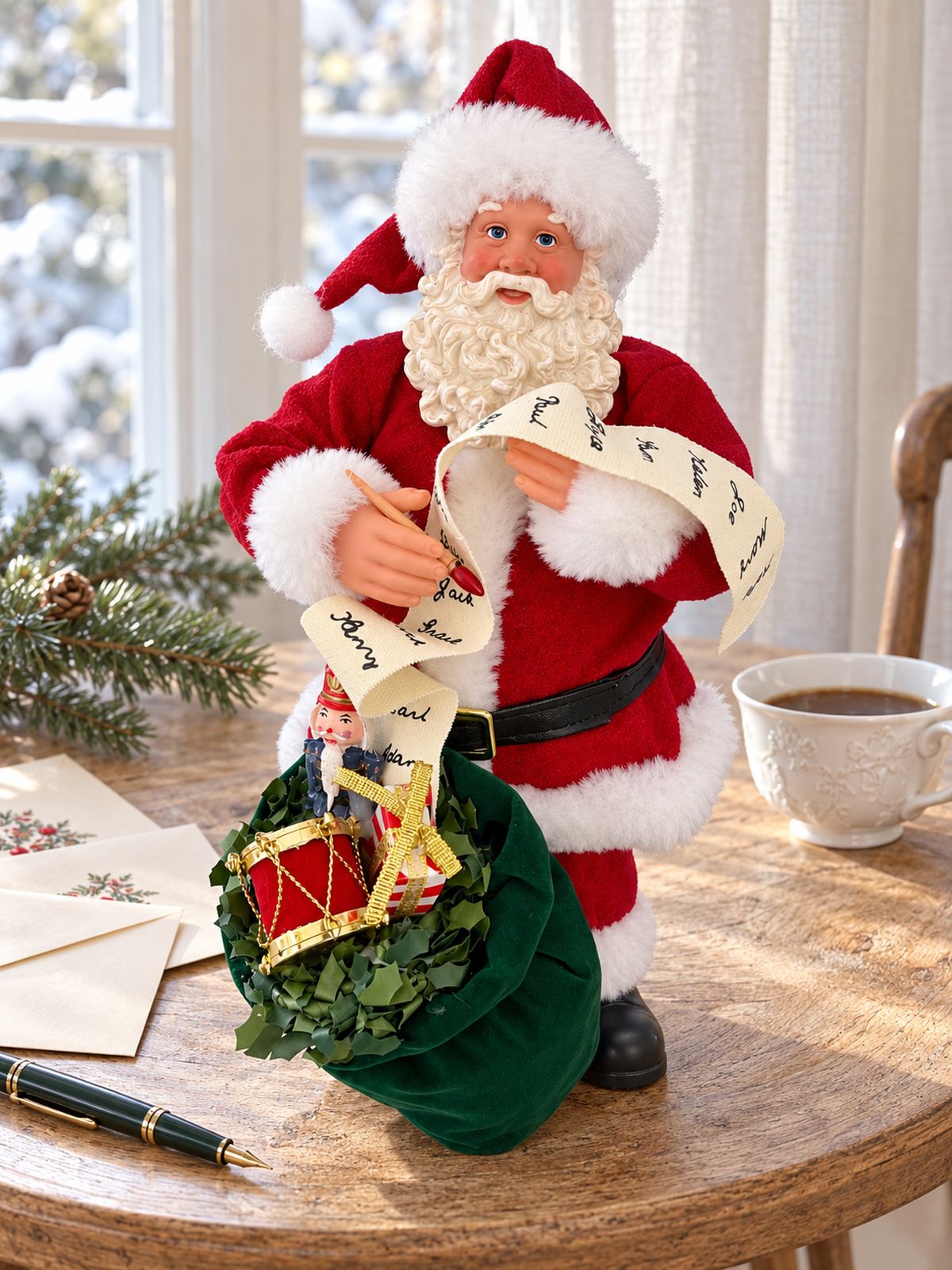 Figurine de Père Noël sur une table en bois près d’une fenêtre, accompagnée d’enveloppes, d’un stylo et d’une tasse.
