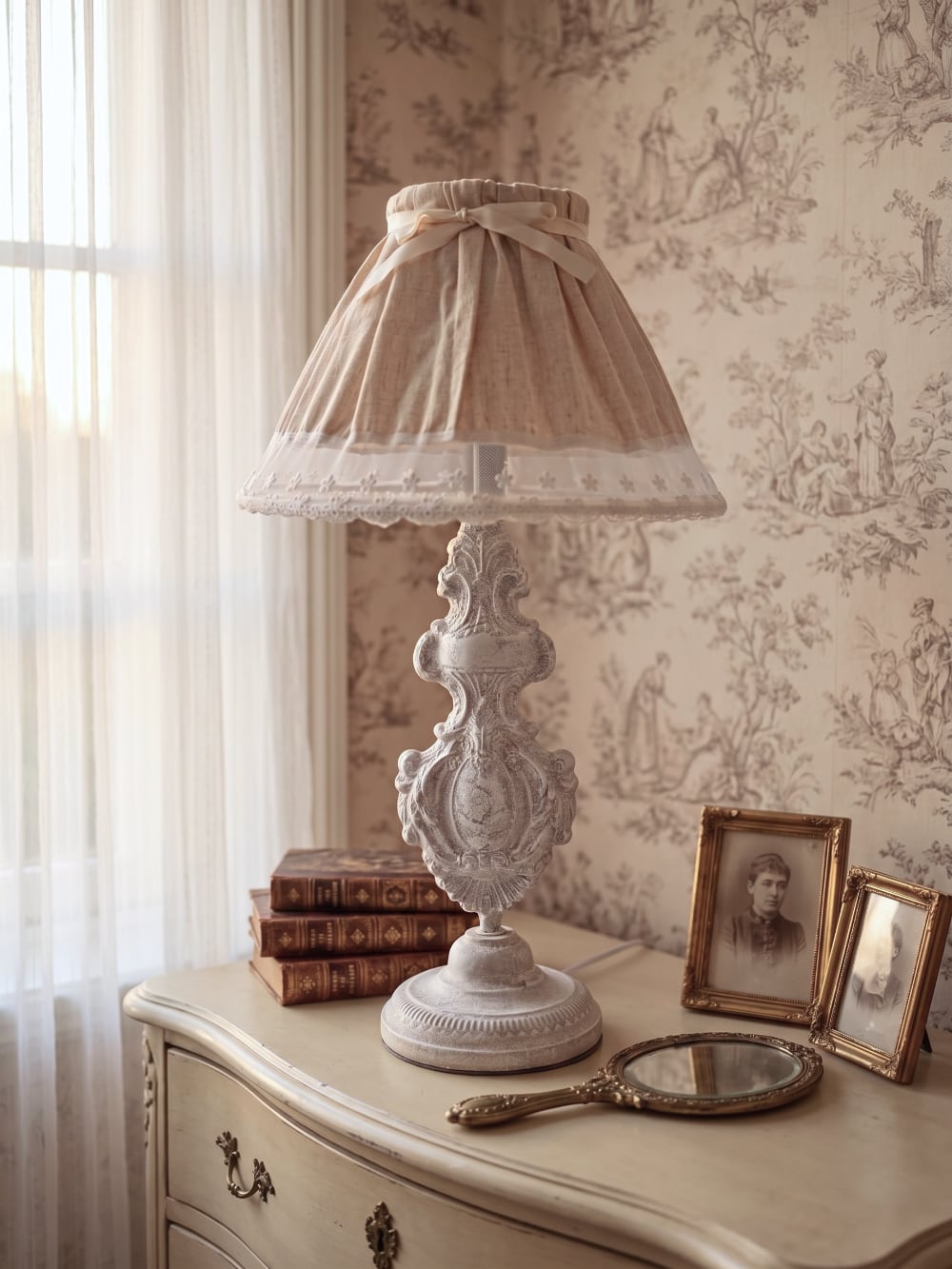 Lampe de table romantique avec pied sculpté blanc patiné et abat-jour en tissu naturel orné de dentelle blanche, idéale pour une décoration shabby chic et de charme