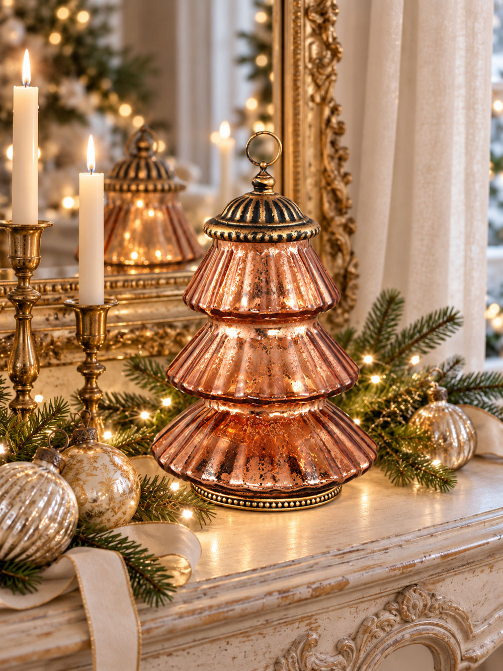 Lanterne sapin de Noël en verre ambré aux reflets dorés et finition patinée, décoration lumineuse chaleureuse et féérique