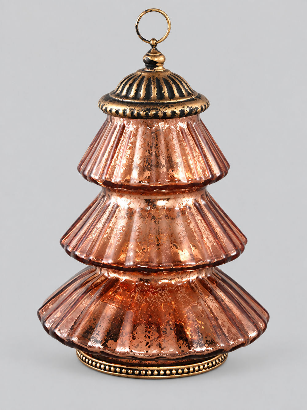 Lanterne sapin de Noël en verre ambré aux reflets dorés et finition patinée, décoration lumineuse chaleureuse et féérique