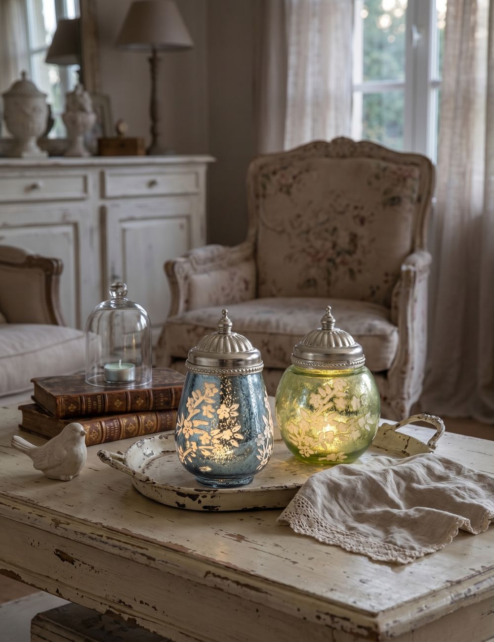 Lanternes LED florales bleue et verte allumées sur une table basse dans un salon shabby chic, ambiance chaleureuse et décoration romantique
