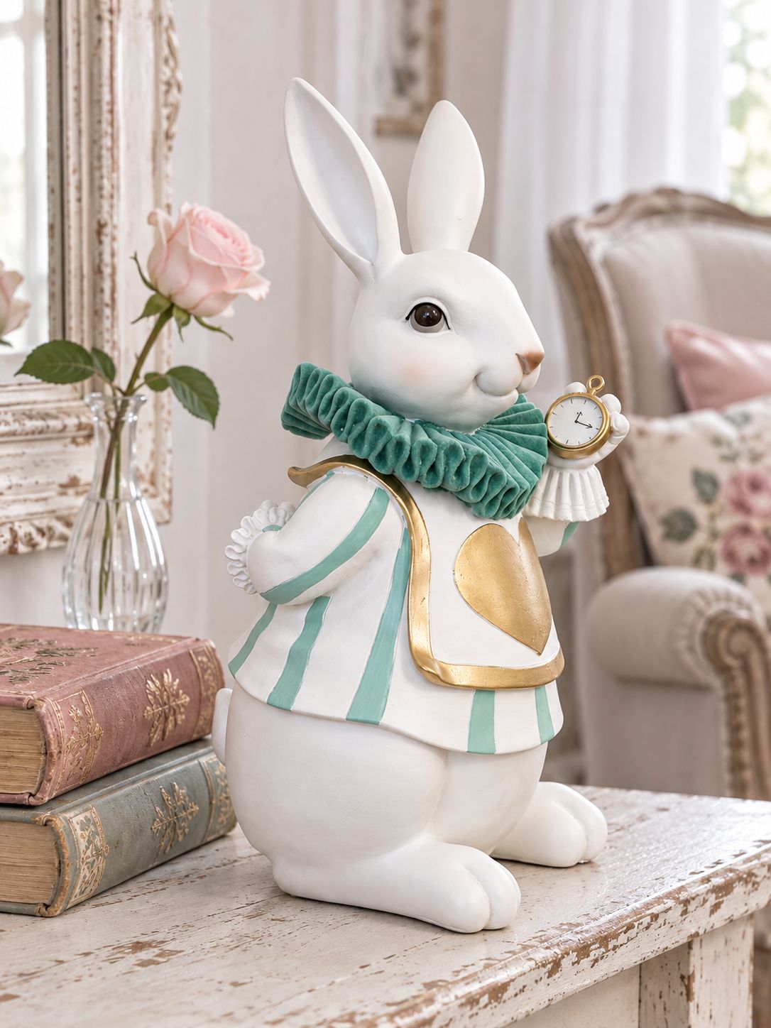 Le Fabuleux Lapin d’Alice vu de trois quarts sur une étagère patinée, avec des livres anciens et une rose pâle.