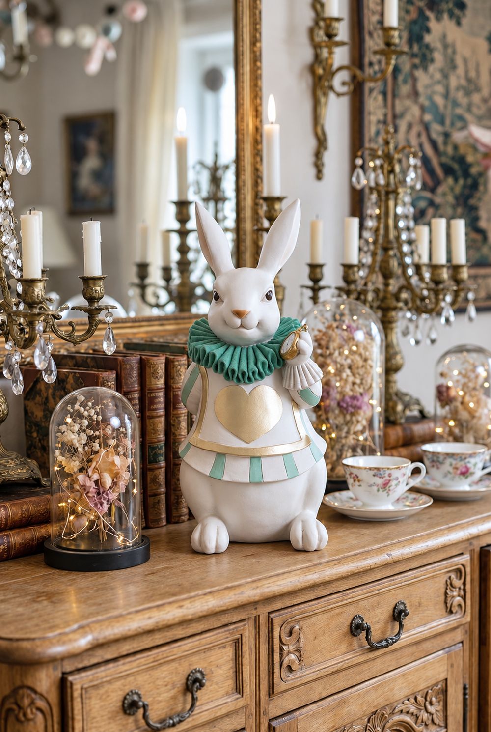 Le Fabuleux Lapin d’Alice sur un buffet ancien, entouré de livres, de tasses fleuries et de chandeliers.
