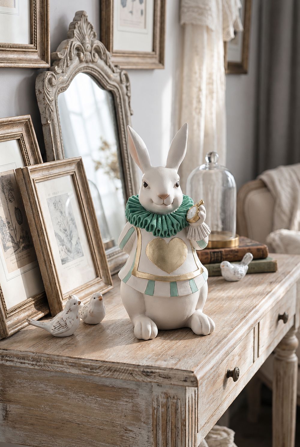 Le Fabuleux Lapin d’Alice sur une console patinée, devant un miroir ancien et des cadres.