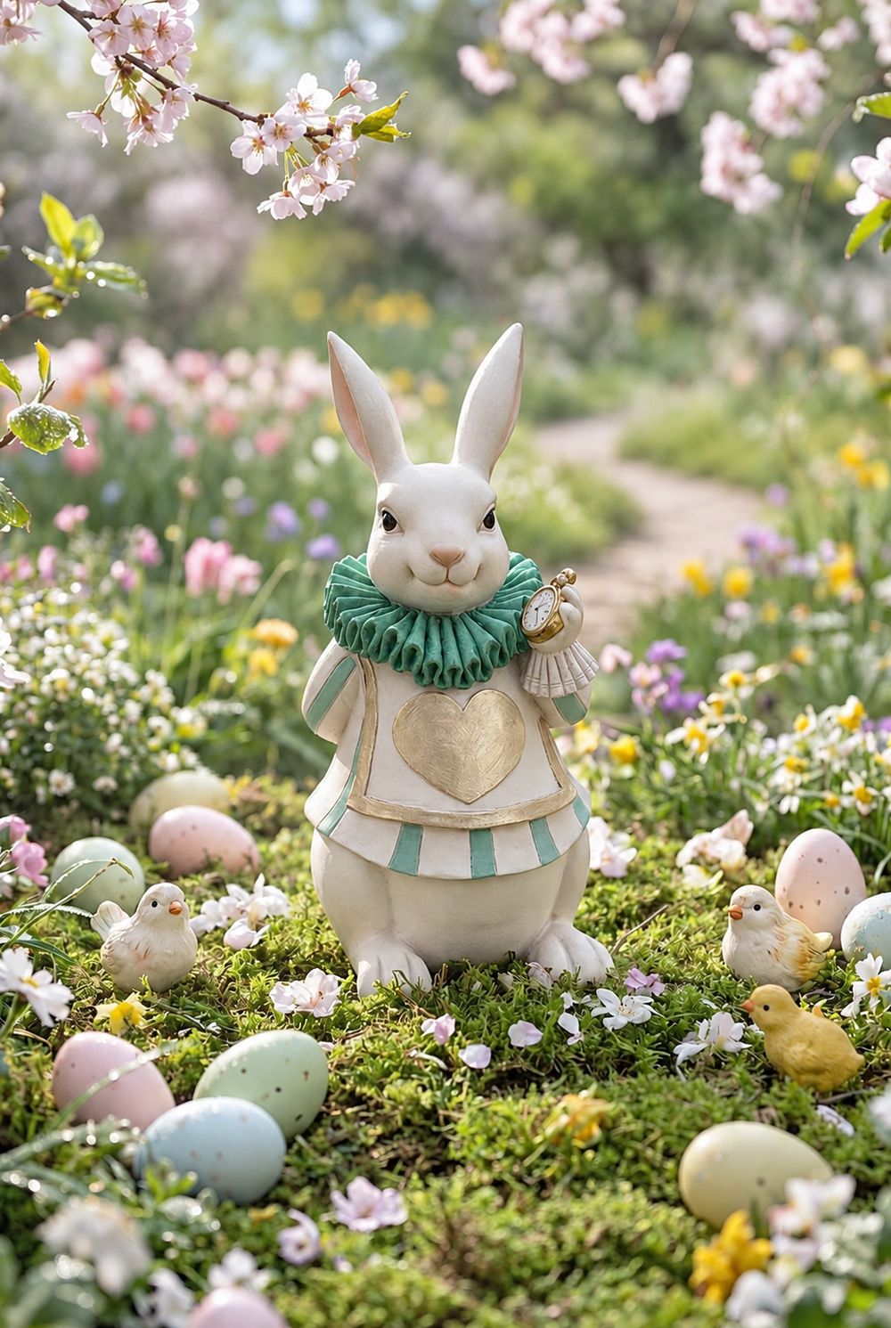 Le Fabuleux Lapin d’Alice dans un décor printanier de fleurs, de mousse et d’œufs pastel.