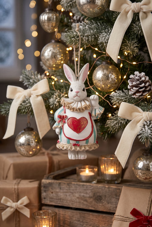 Figurine lapin à suspendre inspirée d'Alice au Pays des Merveilles, avec collerette, tablier à cœur rouge et ruban, idéale pour une décoration de Pâques ou de Noël