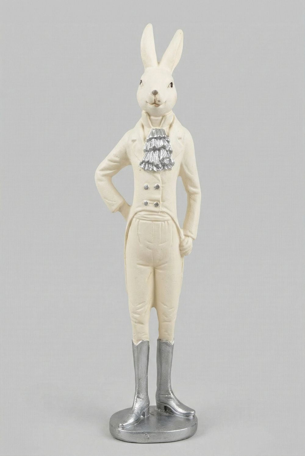 Figurine lapin blanc élégant de 20 cm, style shabby chic romantique, détails gris argenté, idéale pour décoration de charme printanière et ambiance poétique