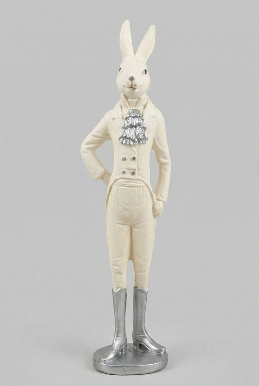 Figurine lapin blanc élégant de 20 cm, style shabby chic romantique, détails gris argenté, idéale pour décoration de charme printanière et ambiance poétique