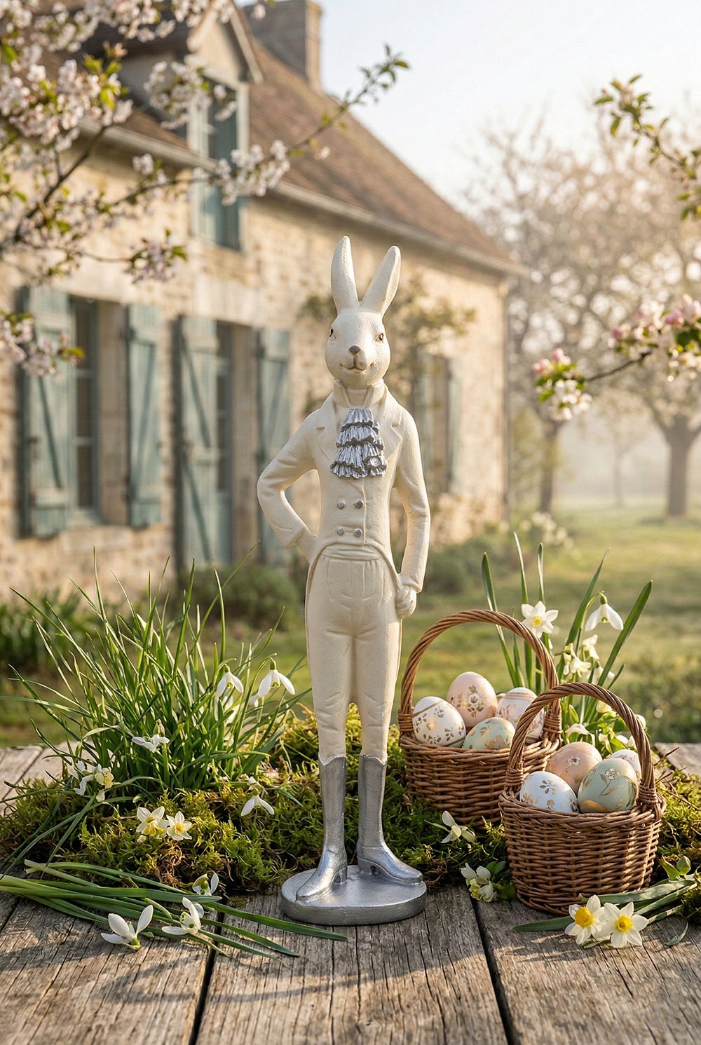 Figurine lapin blanc élégant de 20 cm, style shabby chic romantique, détails gris argenté, idéale pour décoration de charme printanière et ambiance poétique