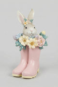 Figurine lapin décoratif bottes roses avec couronne de fleurs, décoration poétique romantique shabby chic pour intérieur, ambiance printanière charme