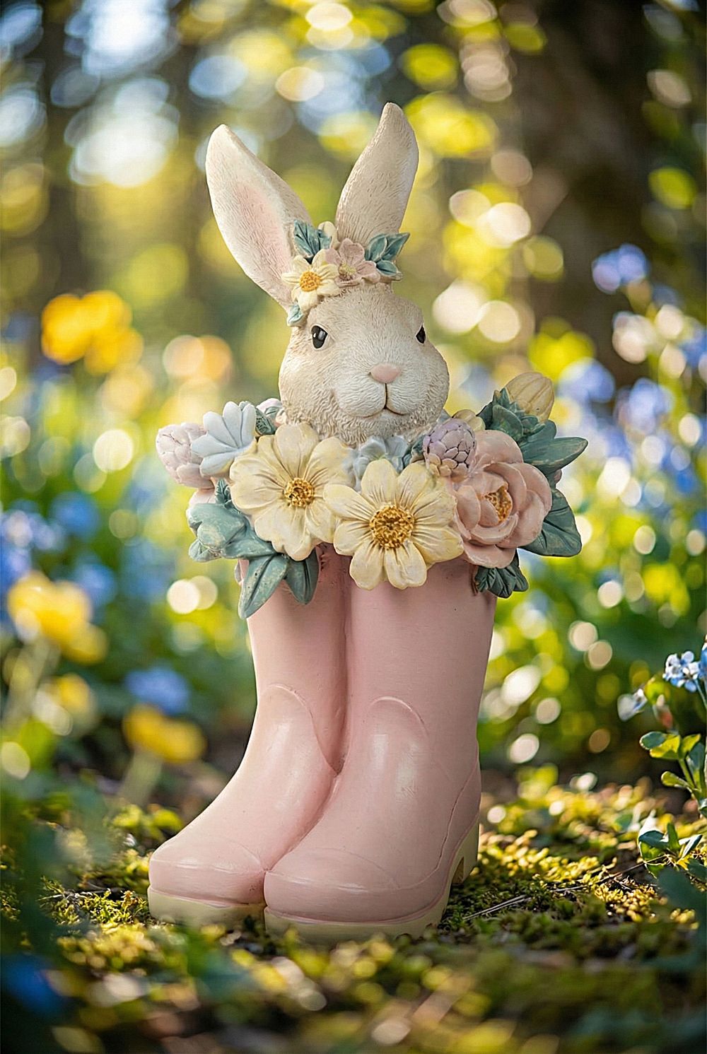 Figurine lapin décoratif bottes roses avec couronne de fleurs, décoration poétique romantique shabby chic pour intérieur, ambiance printanière charme