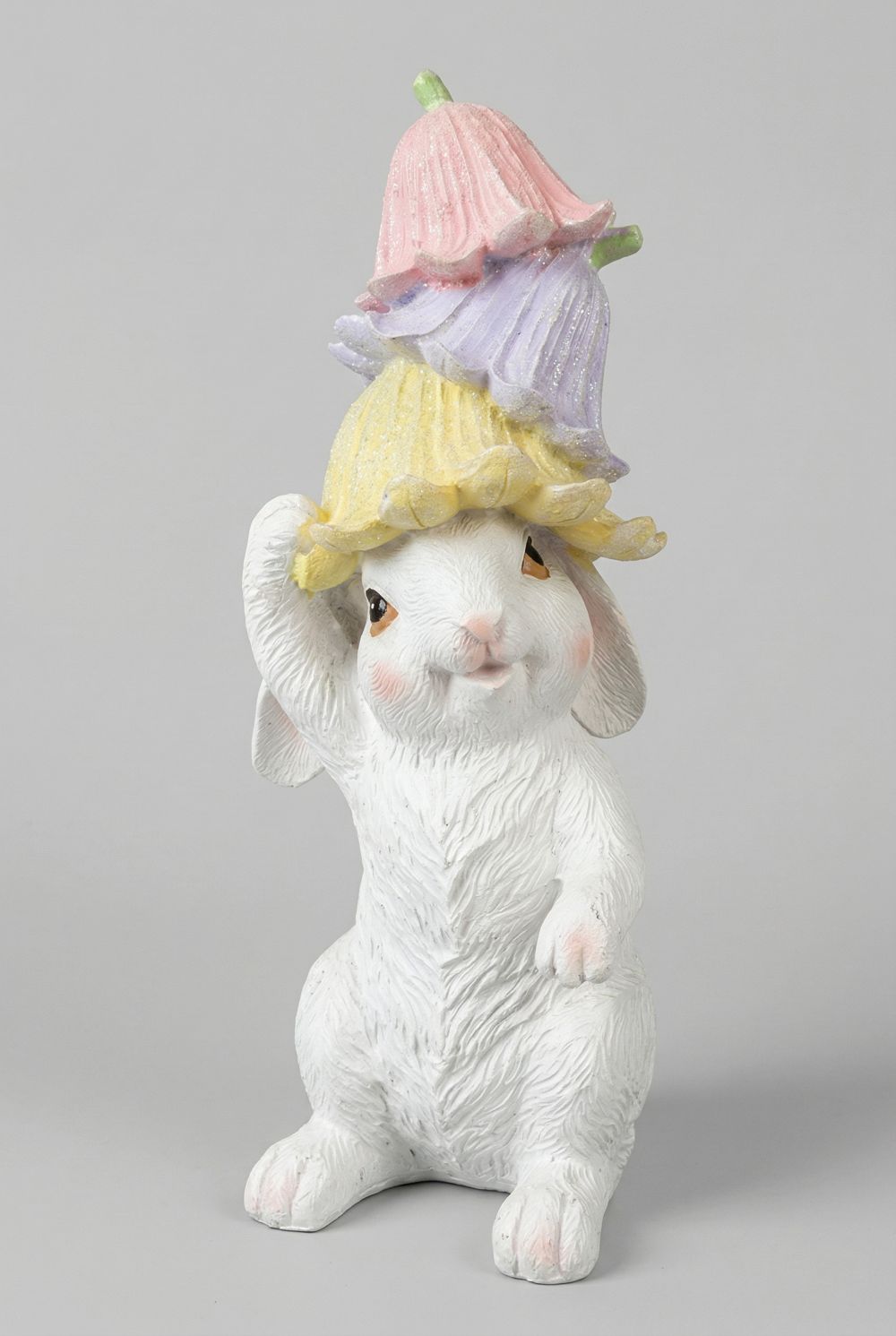Figurine lapin décoratif blanc avec clochettes pastel rose jaune et violet style shabby chic romantique ambiance féérique de printemps
