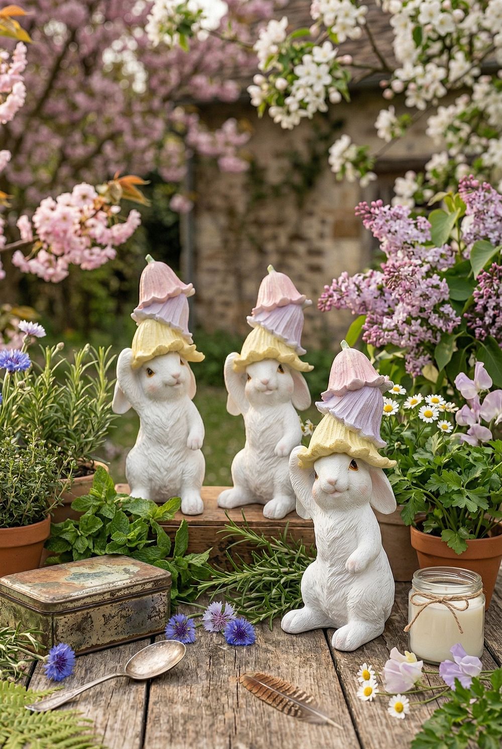 Figurine lapin décoratif blanc avec clochettes pastel rose jaune et violet style shabby chic romantique ambiance féérique de printemps