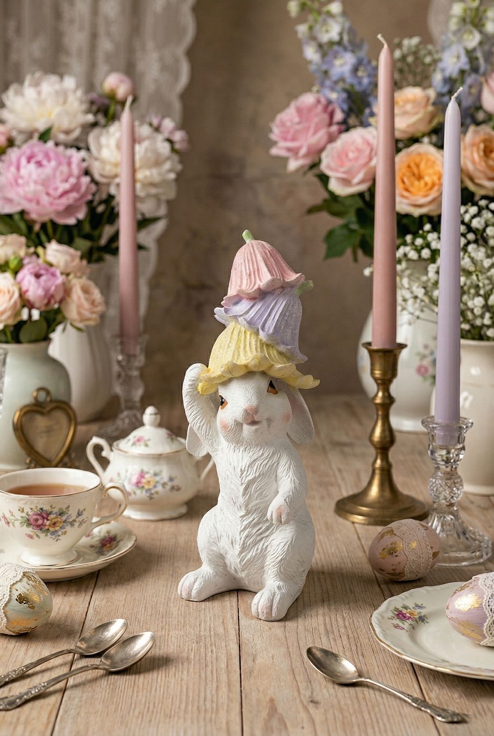 Figurine lapin décoratif blanc avec clochettes pastel rose jaune et violet style shabby chic romantique ambiance féérique de printemps