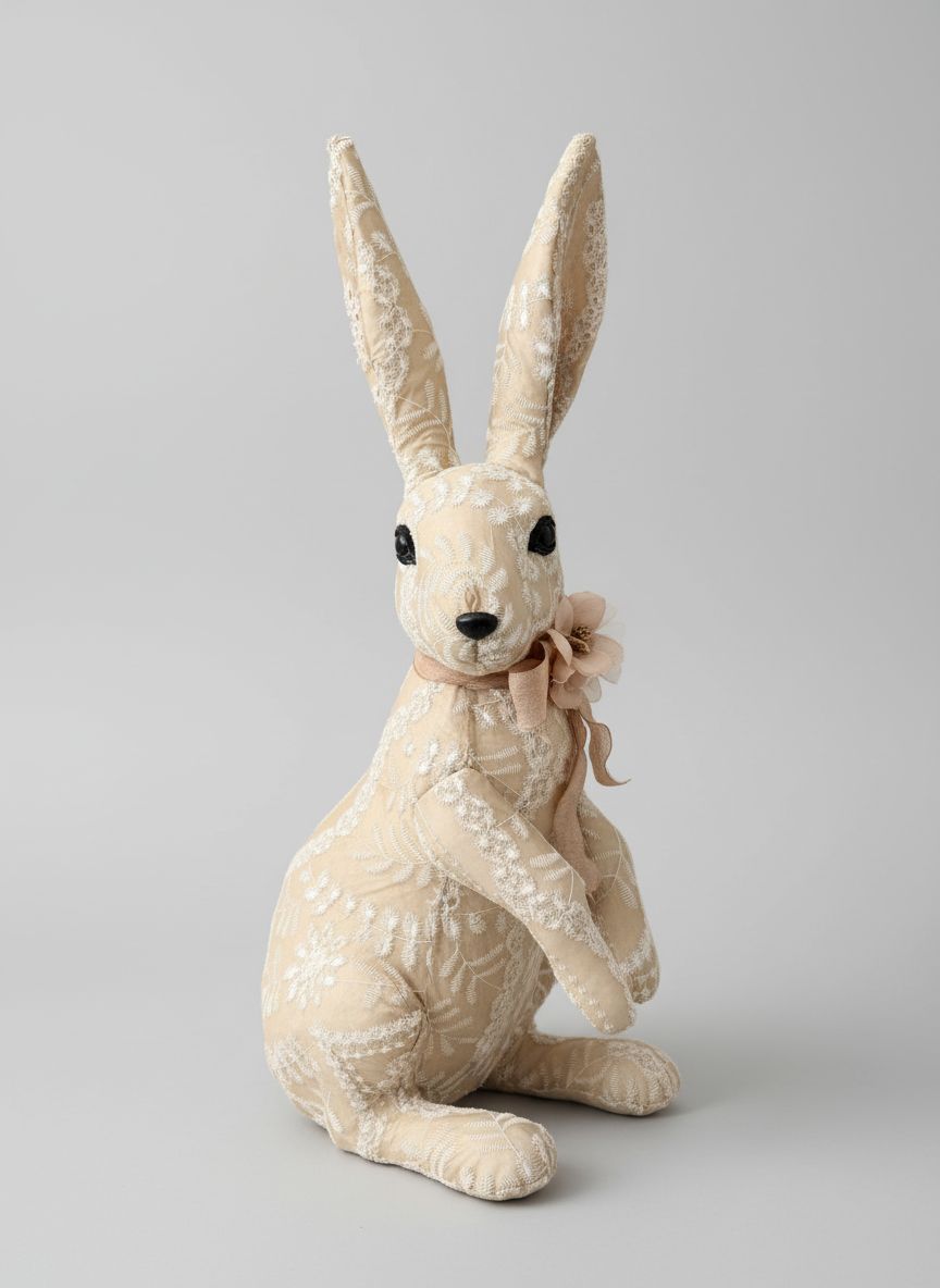 Lapin décoratif en tissu brodé beige et blanc avec fleur rose, style shabby chic et romantique, idéal pour une décoration poétique et féérique.