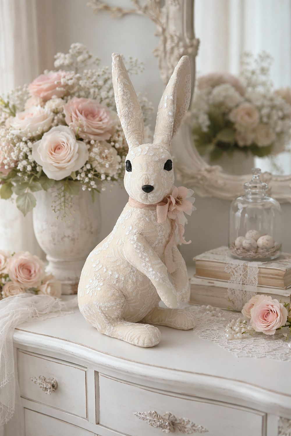 Lapin décoratif en tissu brodé beige et blanc avec fleur rose, style shabby chic et romantique, idéal pour une décoration poétique et féérique.
