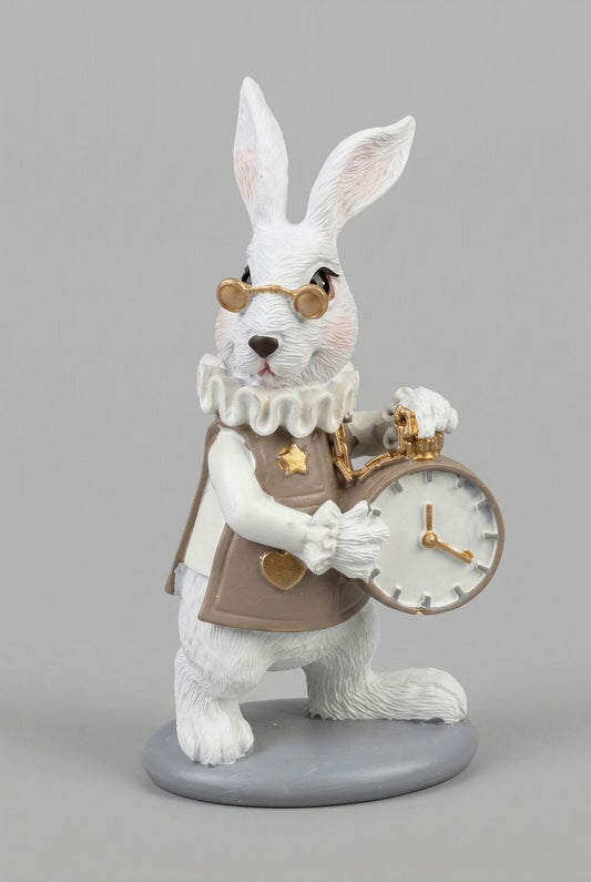 Figurine lapin à la montre blanc taupe et doré, style conte romantique et décoration poétique, idéale pour une ambiance shabby chic et féérique