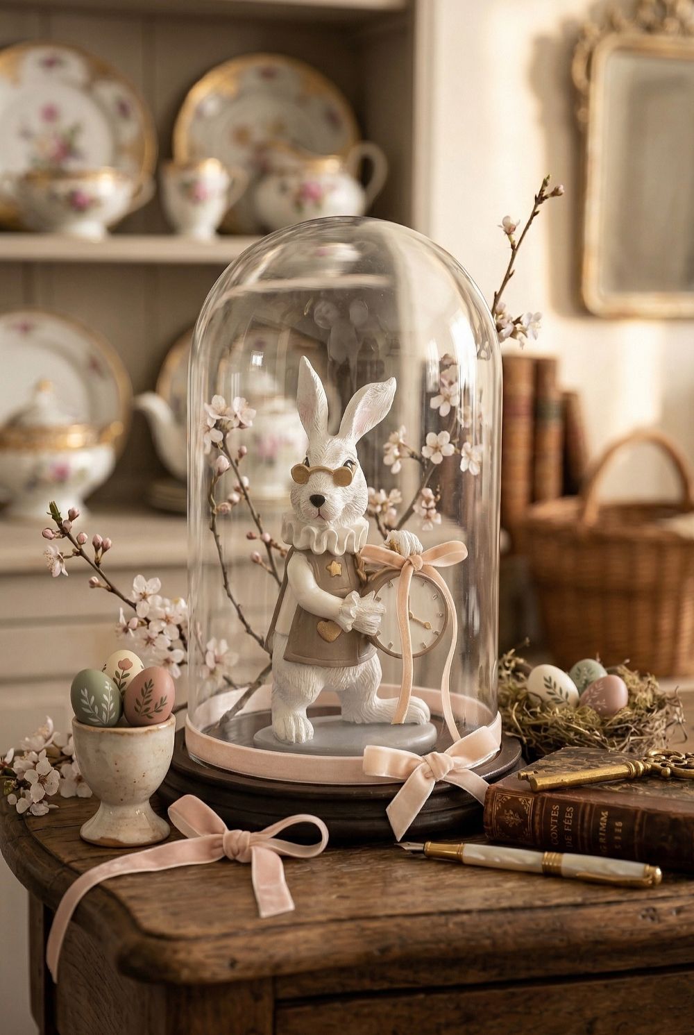 Figurine lapin à la montre blanc taupe et doré, style conte romantique et décoration poétique, idéale pour une ambiance shabby chic et féérique
