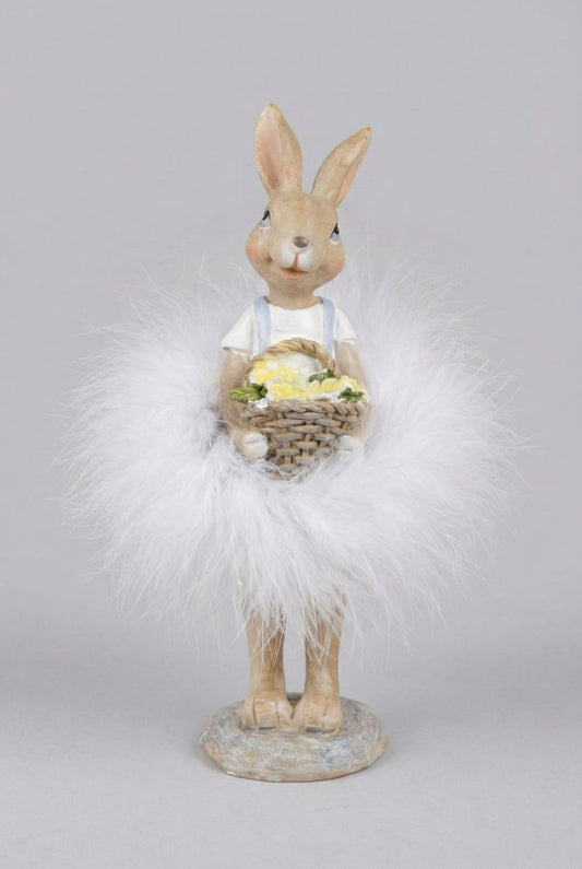 Figurine lapin décoratif avec tutu blanc duveteux et panier fleuri, style shabby chic romantique, ambiance poétique et féérique, hauteur 17 cm.