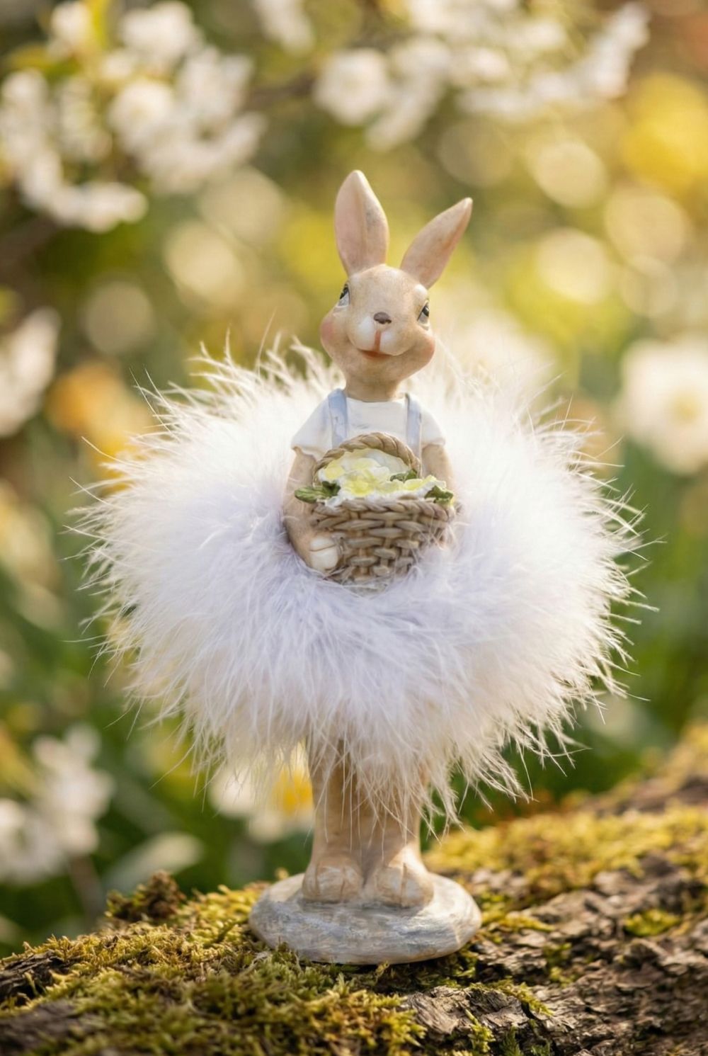 Figurine lapin décoratif avec tutu blanc duveteux et panier fleuri, style shabby chic romantique, ambiance poétique et féérique, hauteur 17 cm.