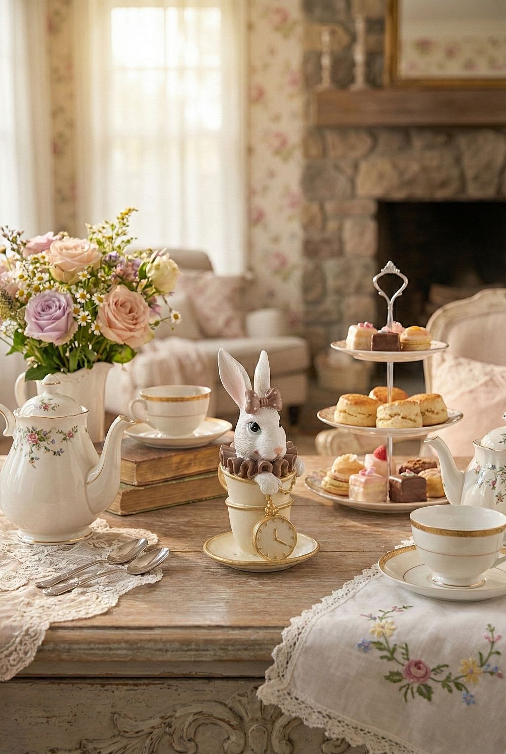Figurine décorative Lapine Alice à l’Heure du Thé, lapine blanche et rose dans une tasse avec détails dorés, décoration romantique shabby chic et féérique pour intérieur de charm