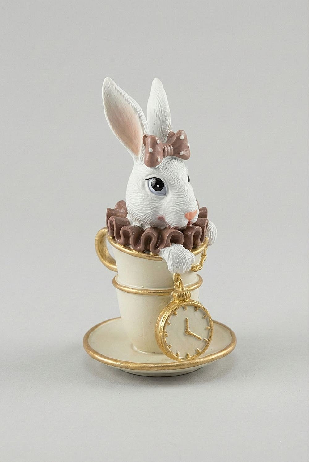 Figurine décorative Lapine Alice à l’Heure du Thé, lapine blanche et rose dans une tasse avec détails dorés, décoration romantique shabby chic et féérique pour intérieur de charm