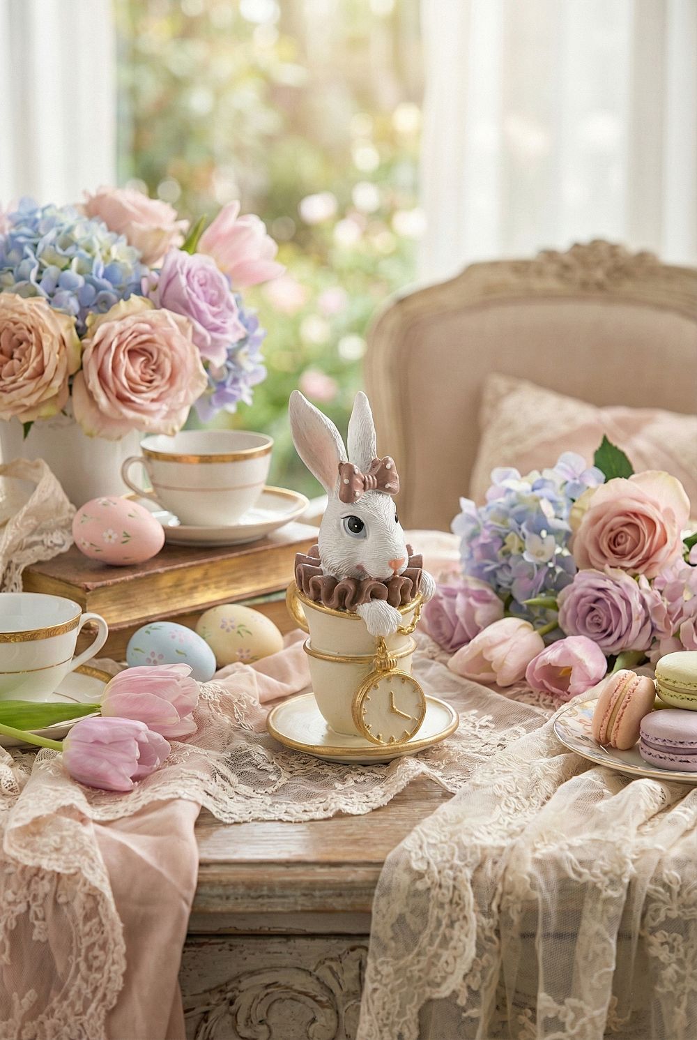 Figurine décorative Lapine Alice à l’Heure du Thé, lapine blanche et rose dans une tasse avec détails dorés, décoration romantique shabby chic et féérique pour intérieur de charm