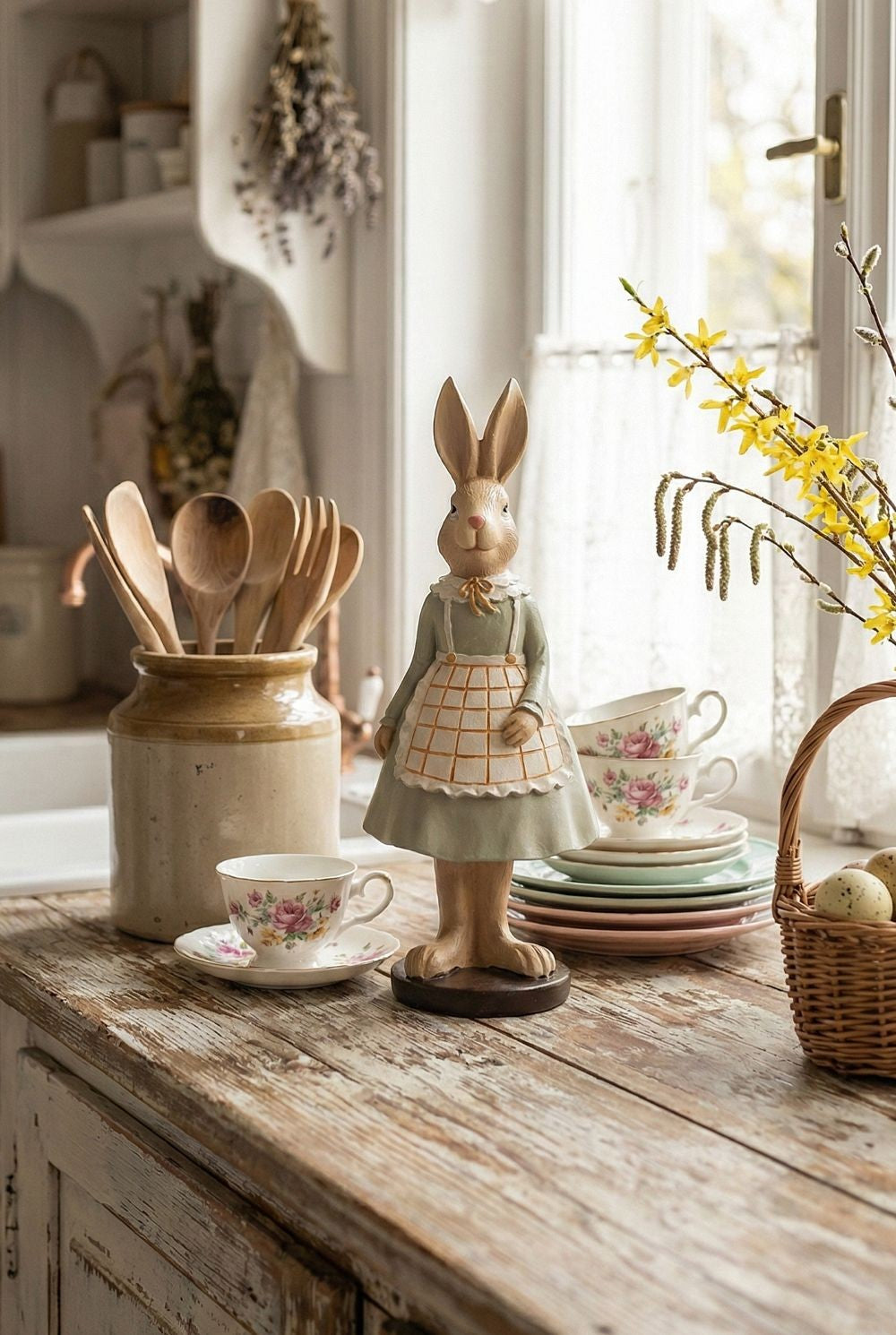 Lapinette Cuisinière de Pâques, figurine lapin décorative pour une cuisine shabby chic et romantique. Paiement sécurisé et entreprise familiale française.