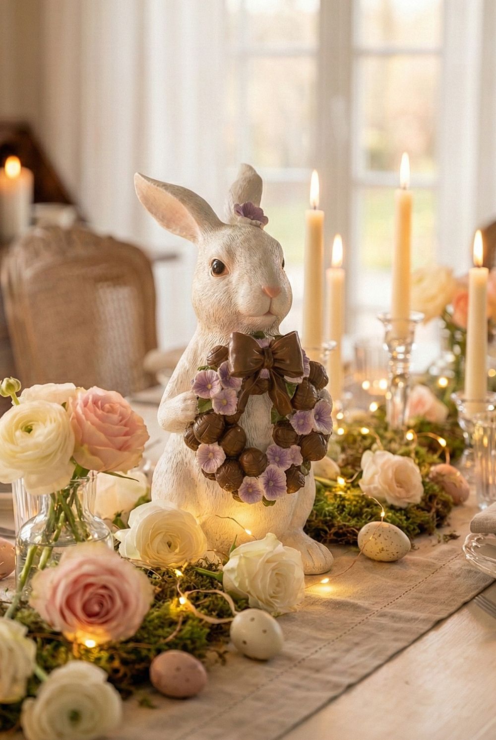 Lapinette décorative blanche tenant une couronne de pensées violettes, ambiance romantique shabby chic et poétique, décoration de charme printanière de 30 cm