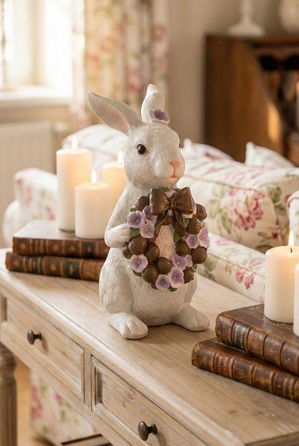 Lapinette décorative blanche tenant une couronne de pensées violettes, ambiance romantique shabby chic et poétique, décoration de charme printanière de 30 cm