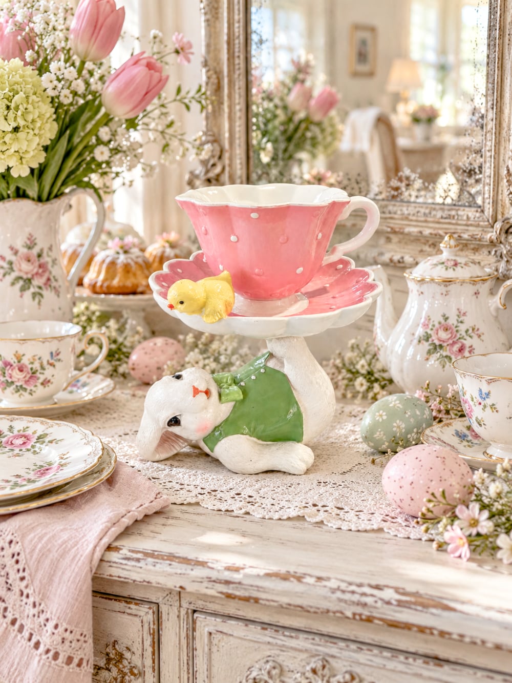 Figurine décorative avec lapin blanc vêtu de vert portant une grande tasse rose à pois, soucoupe fleurie et petit poussin jaune, ambiance de Pâques féérique