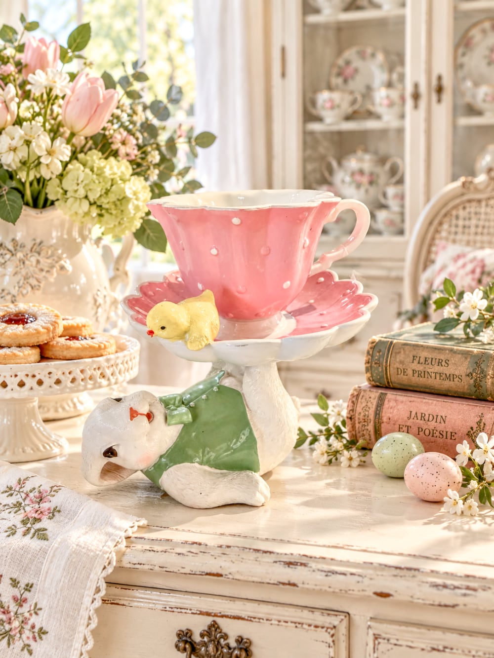 Figurine décorative avec lapin blanc vêtu de vert portant une grande tasse rose à pois, soucoupe fleurie et petit poussin jaune, ambiance de Pâques féérique