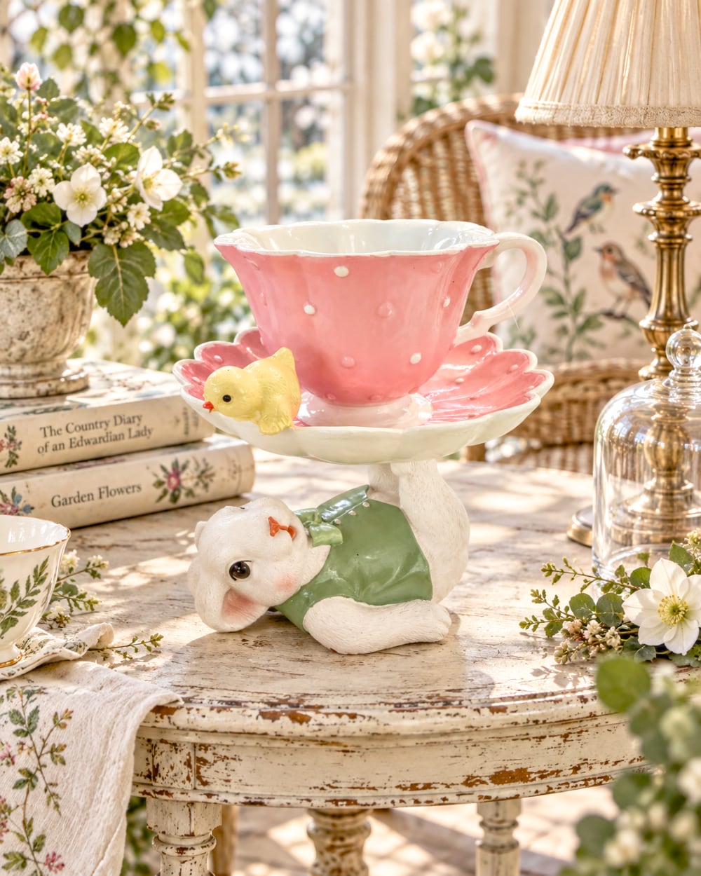 Figurine décorative avec lapin blanc vêtu de vert portant une grande tasse rose à pois, soucoupe fleurie et petit poussin jaune, ambiance de Pâques féérique