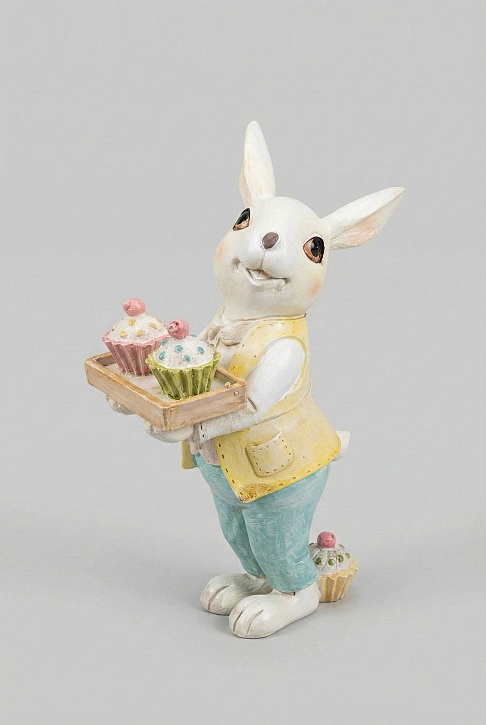 Figurine Lapinou Cupcake, lapin décoratif de Pâques tenant des cupcakes, couleurs pastel blanc jaune et bleu, style shabby chic, esprit Alice et ambiance féérique