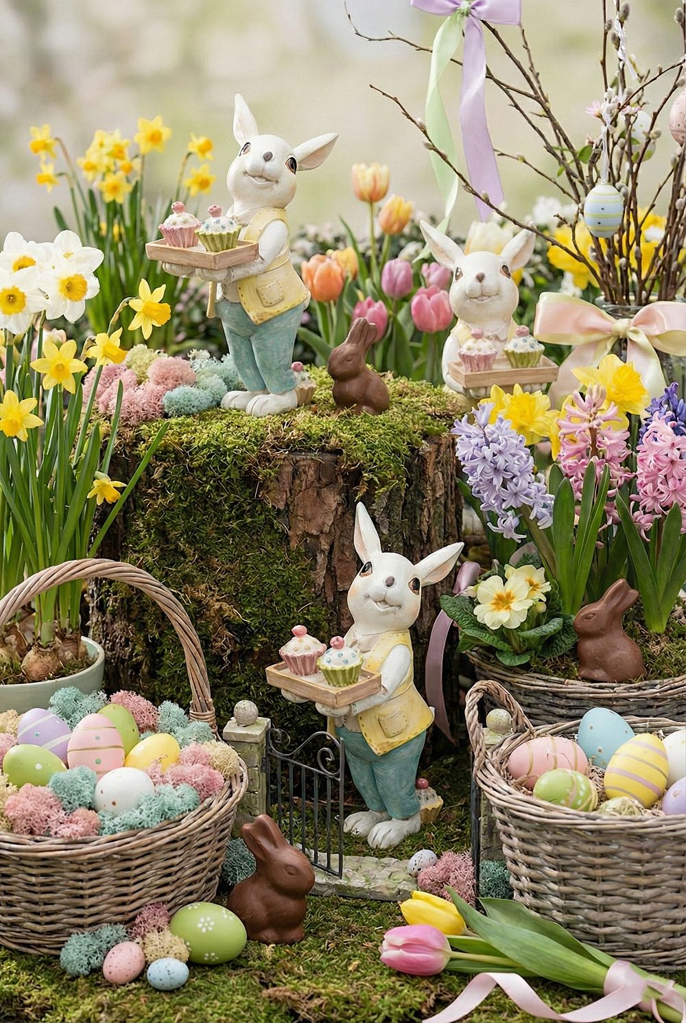 Figurine Lapinou Cupcake, lapin décoratif de Pâques tenant des cupcakes, couleurs pastel blanc jaune et bleu, style shabby chic, esprit Alice et ambiance féérique