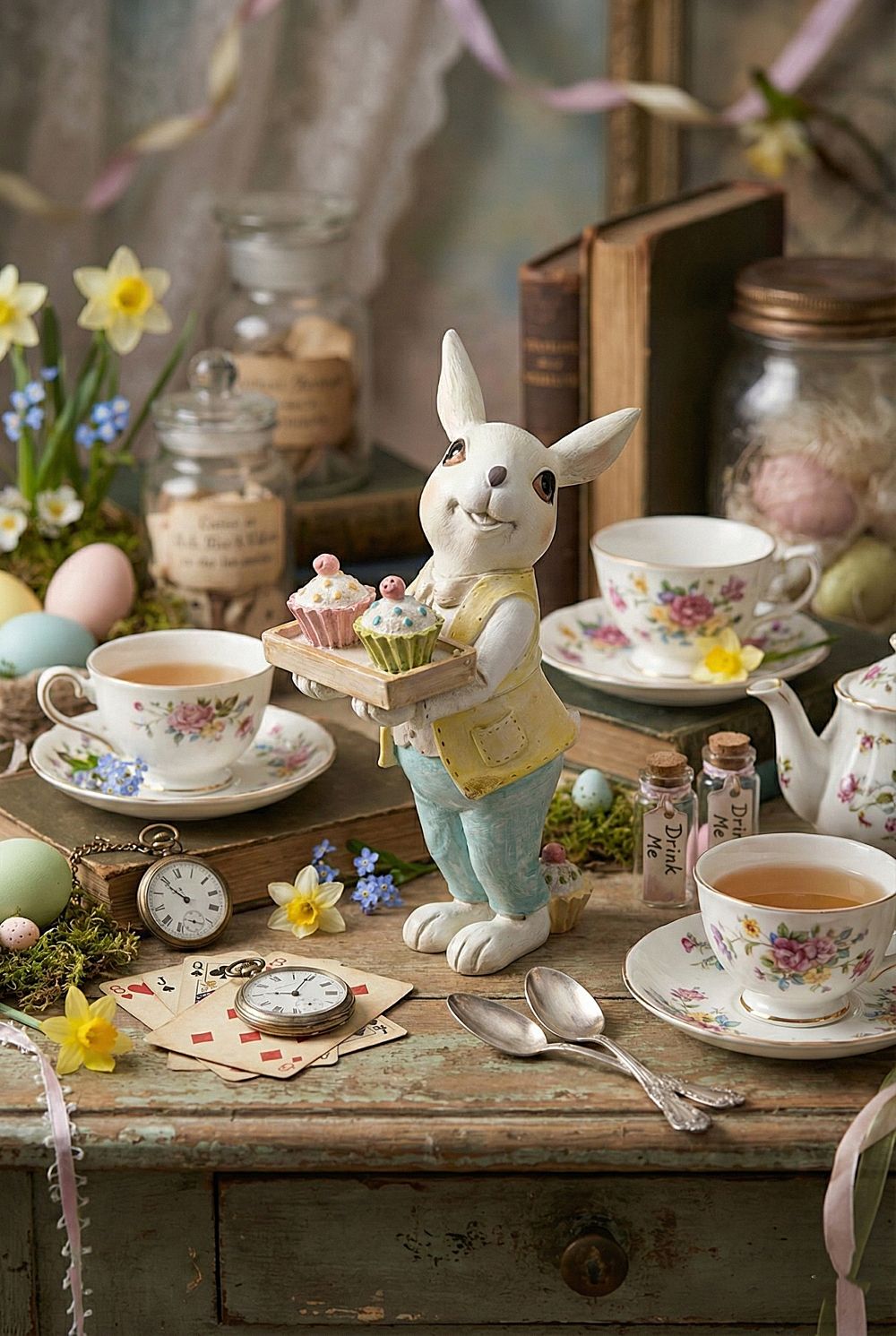 Figurine Lapinou Cupcake, lapin décoratif de Pâques tenant des cupcakes, couleurs pastel blanc jaune et bleu, style shabby chic, esprit Alice et ambiance féérique