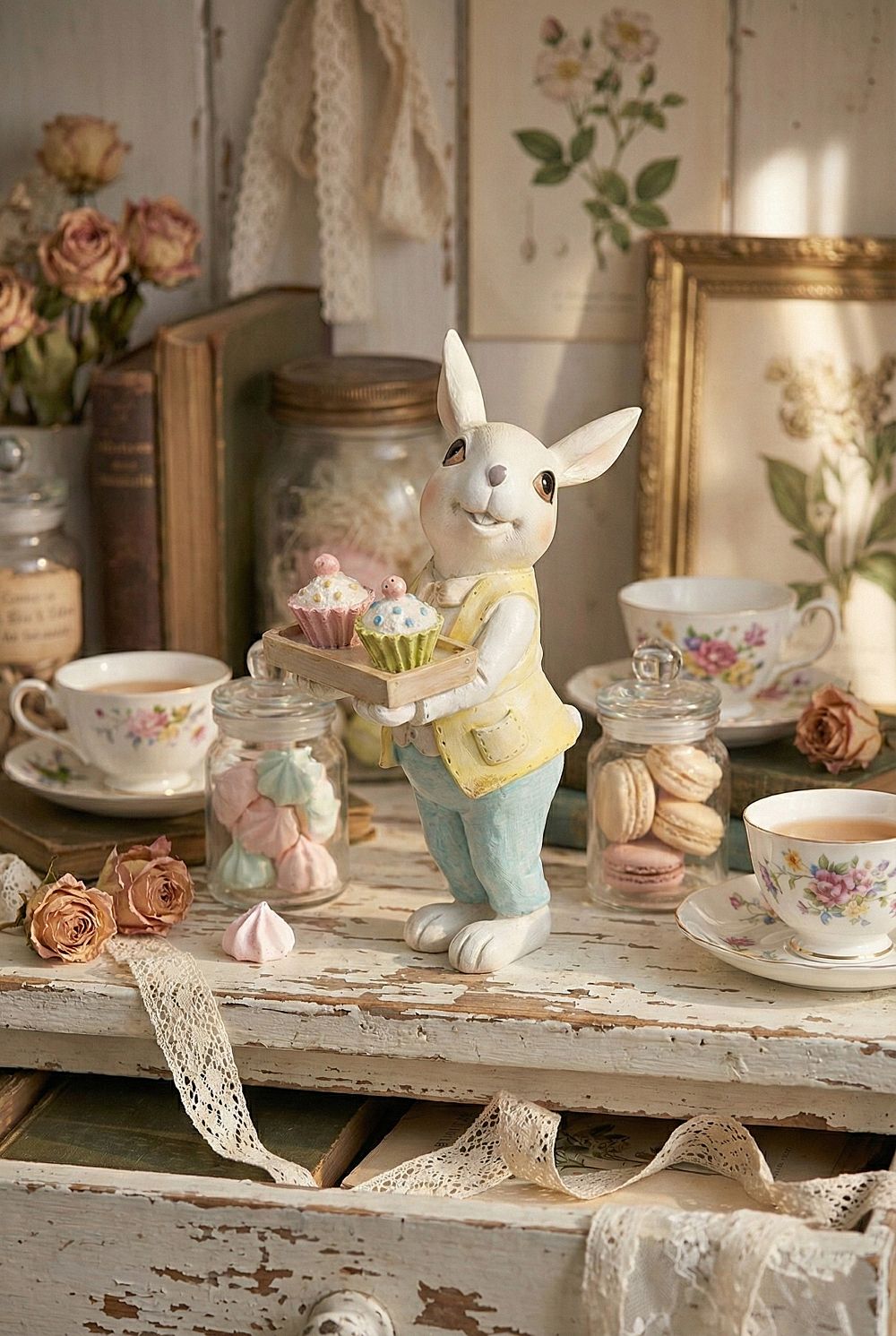 Figurine Lapinou Cupcake, lapin décoratif de Pâques tenant des cupcakes, couleurs pastel blanc jaune et bleu, style shabby chic, esprit Alice et ambiance féérique