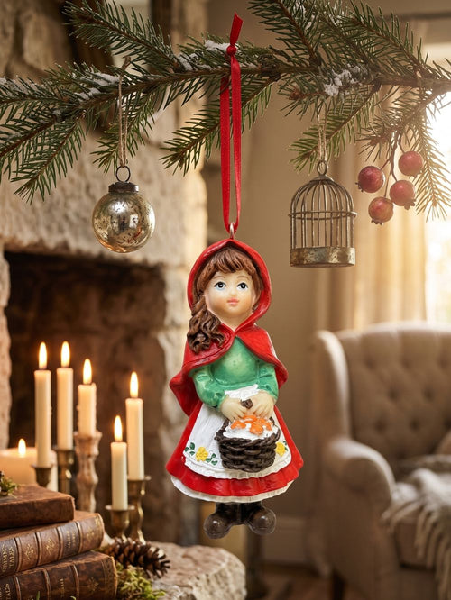 Le Petit Chaperon Rouge en figurine à suspendre avec cape rouge, panier et robe verte, décoration féérique de charme inspirée des contes