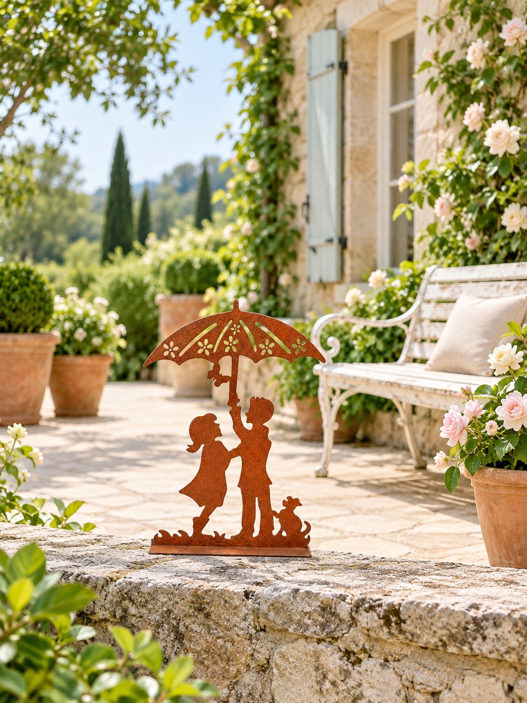 Décoration Les Amoureux au Jardin sur un muret devant une terrasse fleurie avec un banc blanc et des rosiers en pots.