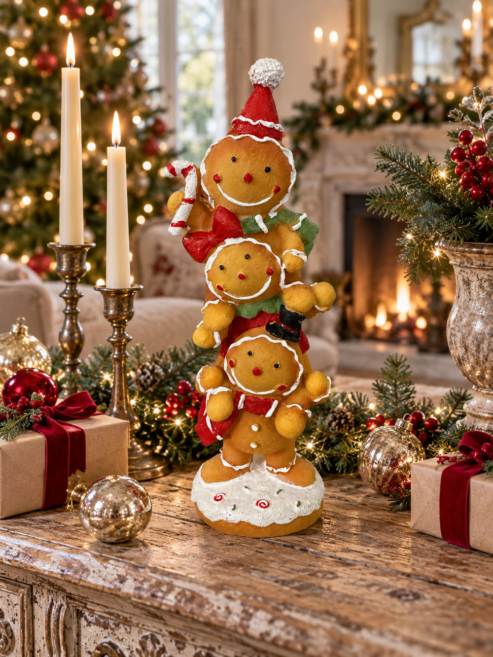 Figurine décorative de Noël composée de trois petits personnages façon pain d’épices superposés, aux tons caramel, rouge, vert et blanc, pour une décoration festive et féérique.