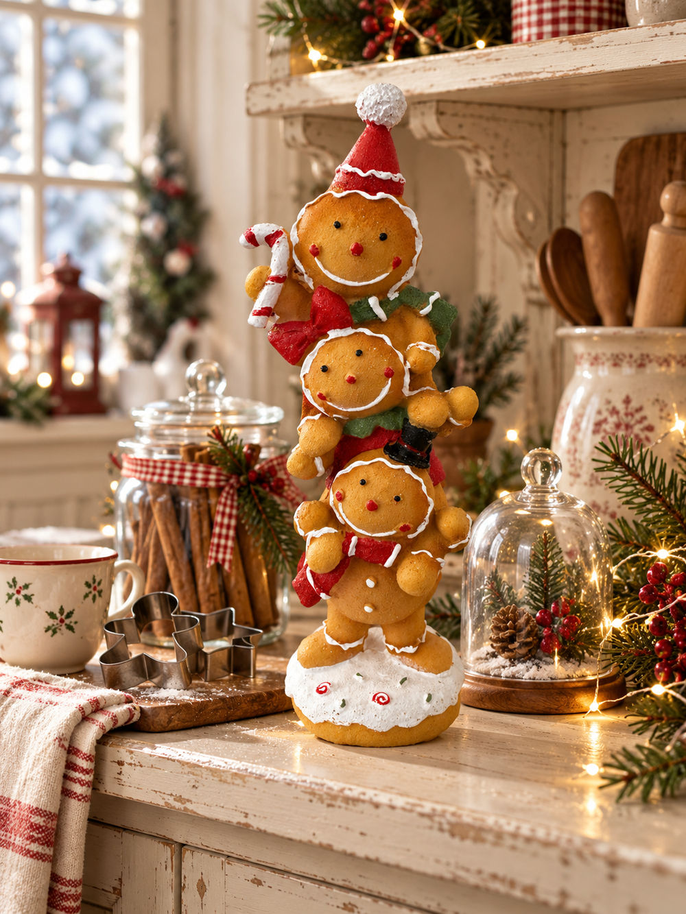 Figurine décorative de Noël composée de trois petits personnages façon pain d’épices superposés, aux tons caramel, rouge, vert et blanc, pour une décoration festive et féérique.