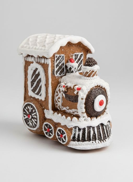 Figurine de locomotive miniature en pain d’épices marron, blanc et rouge, style déco gourmande et féérique de Noël, ambiance romantique shabby chic