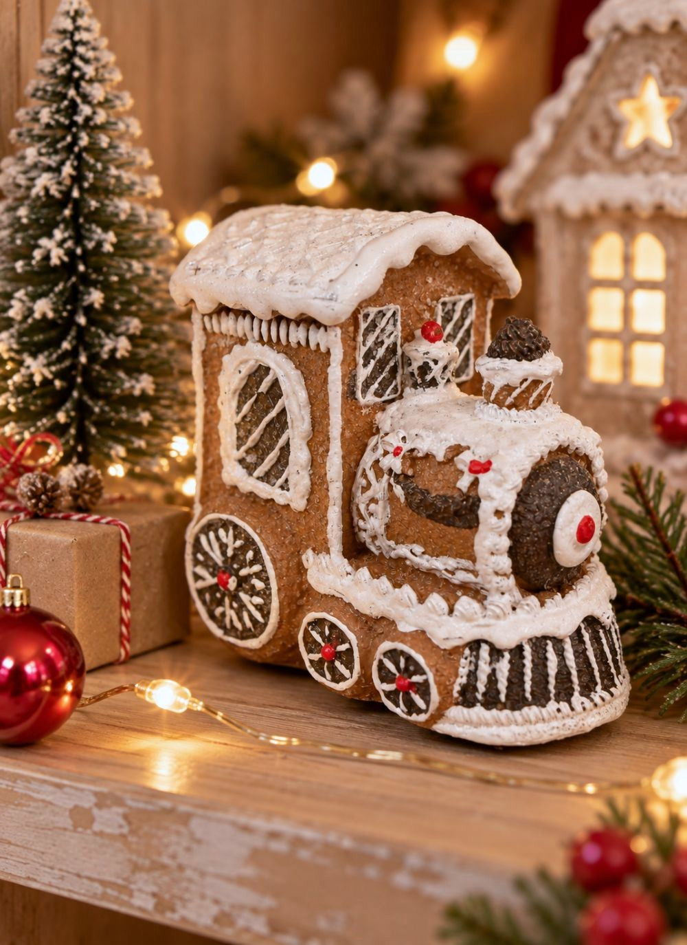 Figurine de locomotive miniature en pain d’épices marron, blanc et rouge, style déco gourmande et féérique de Noël, ambiance romantique shabby chic