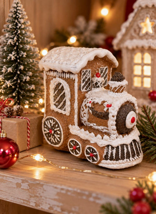 Figurine de locomotive miniature en pain d’épices marron, blanc et rouge, style déco gourmande et féérique de Noël, ambiance romantique shabby chic