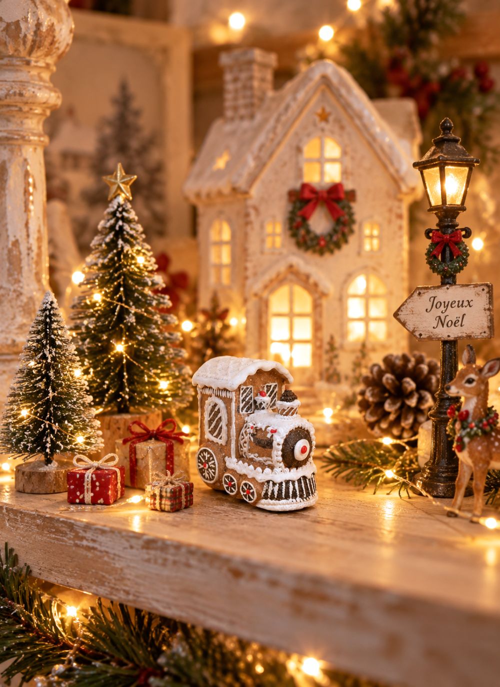Figurine de locomotive miniature en pain d’épices marron, blanc et rouge, style déco gourmande et féérique de Noël, ambiance romantique shabby chic