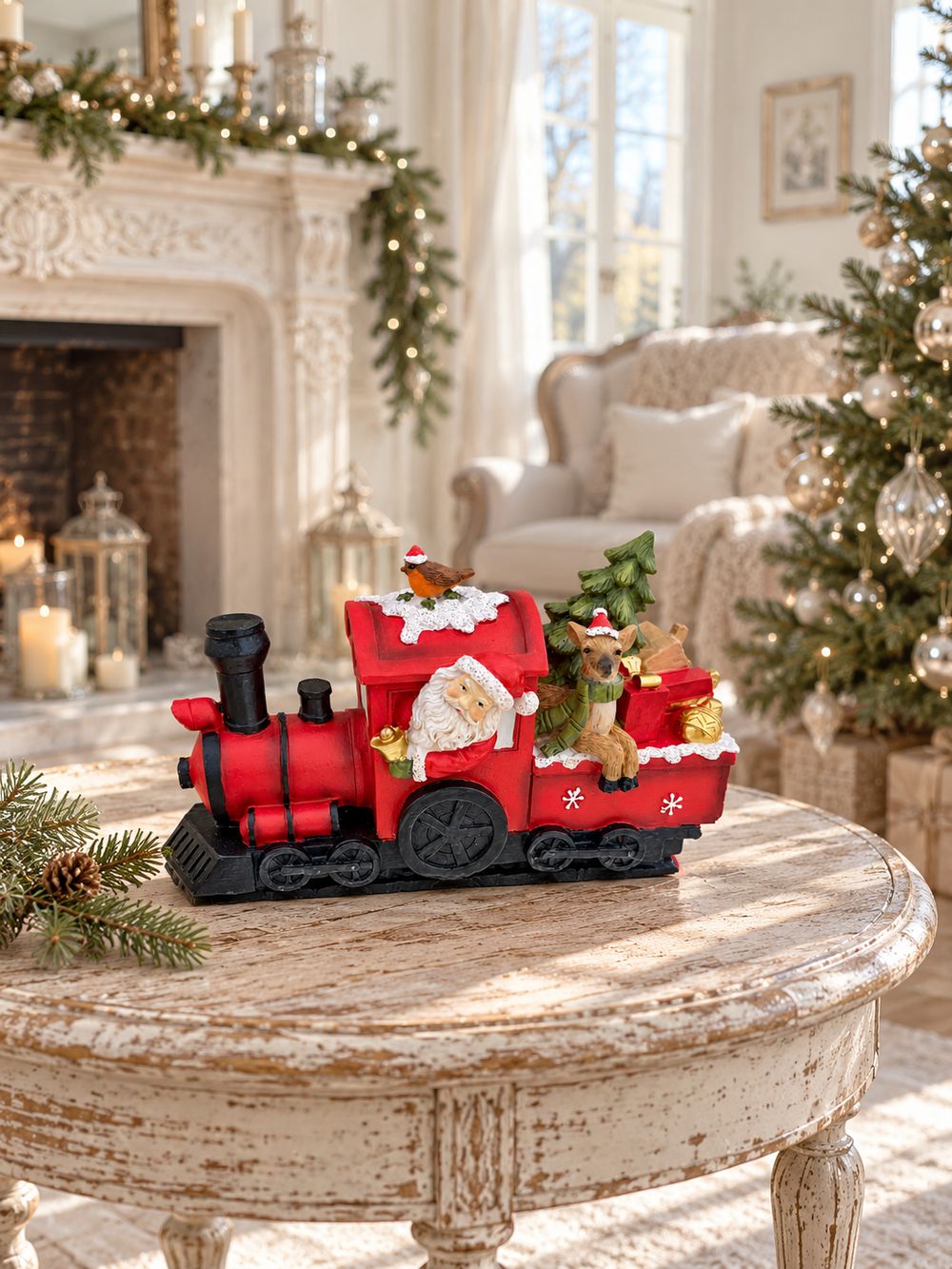 Locomotive de Noël sur une table ancienne dans un salon lumineux, avec cheminée et sapin décoré en arrière-plan.