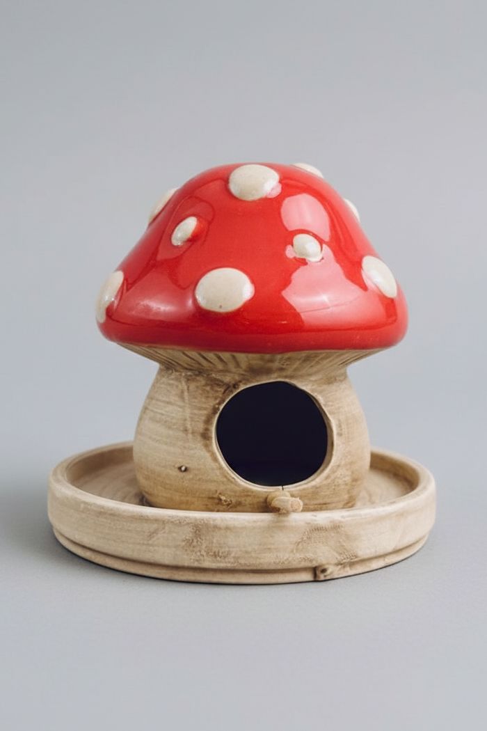 Maison champignon décorative à suspendre en céramique rouge et beige, style féérique et shabby chic, idéale pour la décoration de jardin ou de terrasse