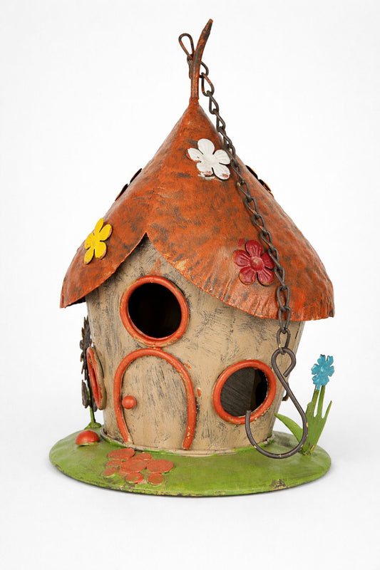 Maison à oiseaux suspendue en métal peint orange et vert, décor floral multicolore, style féérique pour déco de jardin ou balcon romantique et poétique